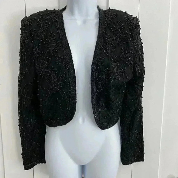 Scala Womens Medium Vintage Lace Beaded Floral Open Jacket Black Beaded - Picture 2 of 9